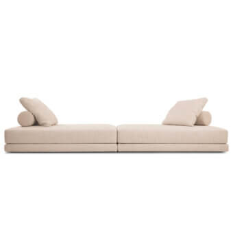 Elegant Verzelloni Lands daybed built in light beige textile with matte finish and recessed black lacquered beech wood base