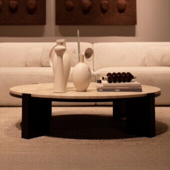 Elegant Verzelloni Tivoli coffee table with Travertino marble top and black lacquered open-pore oak wood base exhibiting a polished sheen