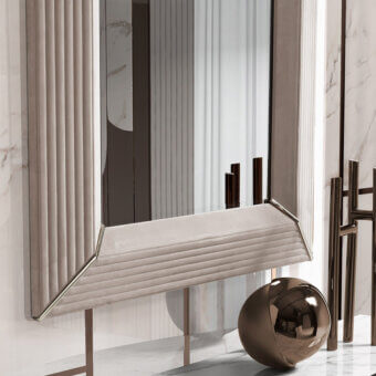 Elegant DV Home Collection Byron Cannetè mirror crafted in solid wood with neutral beige upholstery and subtle metal inserts