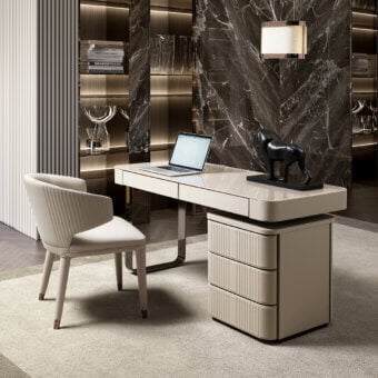 Distinguished DV Home Collection Hollywood desk with a light beige lacquered tabletop and stainless steel base, crafted with vertically quilted leather detailing