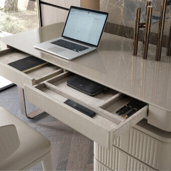 Distinguished DV Home Collection Hollywood desk with a lacquered neutral beige top and stainless steel base crafted with contrasting leather drawers