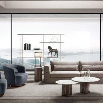 Elegant DV Home Collection Manhattan coffee table with a white marble top and satin metallic striped steel base