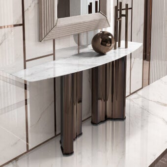 Architectural DV Home Collection Manhattan console with striped stainless steel base and polished white marble tabletop