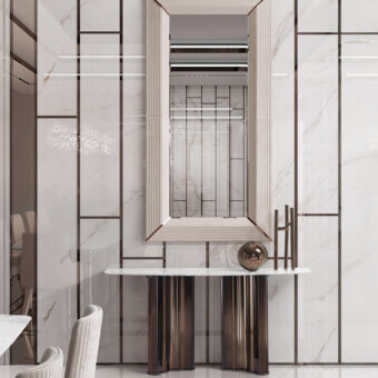 Exceptional DV Home Collection Manhattan console with luxurious marble top and striped stainless steel base crafted in Italy