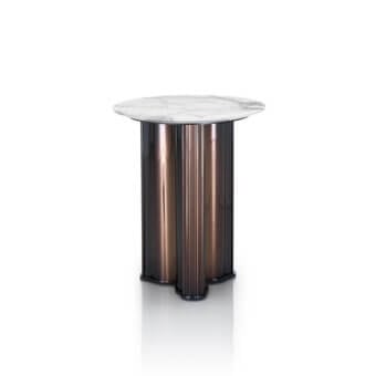 Elegant DV Home Collection Manhattan side table with white marble and vertically fluted bronze-toned stainless steel base