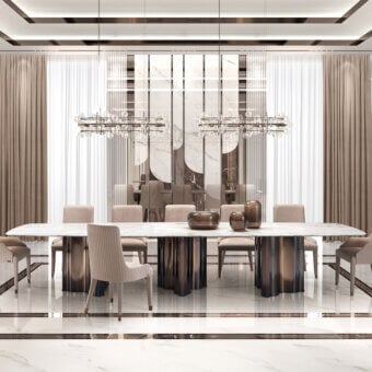 Superior DV Home Collection Manhattan table with a stainless steel base and exquisite marble tabletop in neutral beige and gray tones with a satin finish