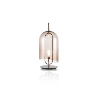 Rene table lamp, amber glass shade, dark metal frame, cylindrical shape, minimalist design, studio shot, white background.
