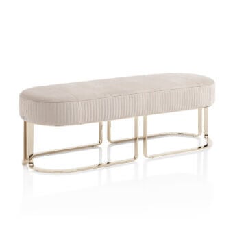 Soho bench, light beige velvet upholstery, brushed gold metal frame with double-arched, rectangular grid base, modern minimalist design.