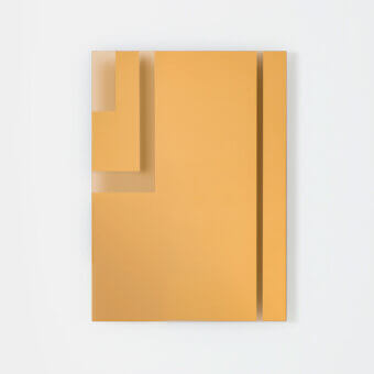 Distinguished Glas Italia Andromeda mirror crafted from glass with a fragmented geometric design in golden-yellow tones and seamless finish