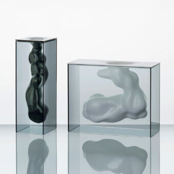 Exceptional Glas Italia Angelo & Angela vase crafted in smoked glass with a glossy muted grey ceramic sculpture