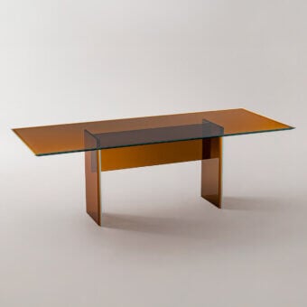 Elegant Glas Italia Bisel table crafted from five slabs of multichromatic glass with warm amber gradients and a high-shine faceted finish