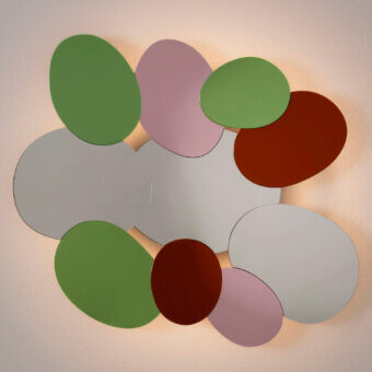 Distinguished Glas Italia Bouquet mirror with ten irregular ovoid shapes in green, pink, reddish-brown and clear glass