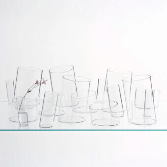 Elegant Glas Italia Bow vase crafted in transparent borosilicate glass with a dynamic inclined silhouette