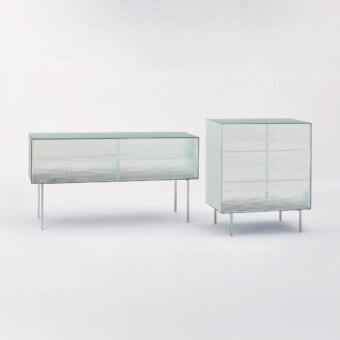 Superior Glas Italia Commodore sideboard crafted from pale green checked patterned glass with slender silver-toned metal legs and smooth reflective finish
