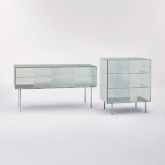 Exceptional Glas Italia Commodore sideboard crafted from light green checked patterned glass with chromium-plated metal legs