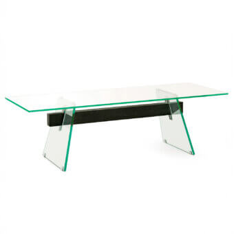 Distinguished Glas Italia Compression table with transparent glass and a deeply brushed wax finished solid oak beam