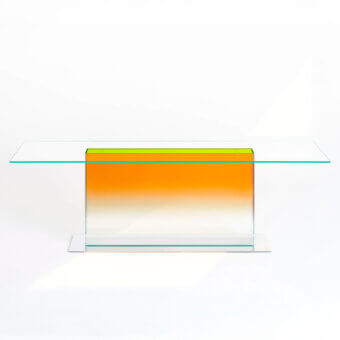 Exclusive Glas Italia Donald table with orange to lime green laminated glass and mirror-polished stainless steel base