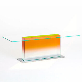 Distinguished Glas Italia Donald table with red to lime green laminated extralight glass and mirror-polished stainless steel base
