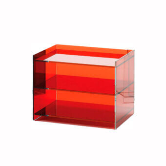 Exclusive Glas Italia Dr Jekyll and Mr Hyde nightstand with reddish-orange plastic and clear glass, exhibiting a glossy finish
