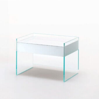 Exceptional Glas Italia Float nightstand crafted with transparent extralight glass and wengé wood in glossy bluish-green lacquer