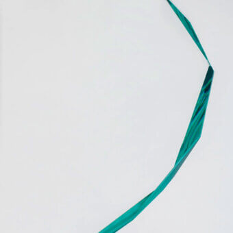Distinguished Glas Italia Hub table crafted from 15mm extralight tempered glass with a teal gradient and borosilicate base in stainless steel