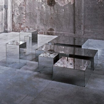 Exceptional Glas Italia Illusion table crafted from beveled crystal glass with degrading mirrored shading and smoky gray tone