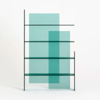 Distinguished Glas Italia Kazimir bookcase with teal gradient shelves and dark-toned metal frame, crafted with acid-etched tempered glass