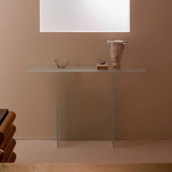Distinguished Glas Italia Kazimir console crafted in clear tempered glass with double-sided acid-etched surfaces