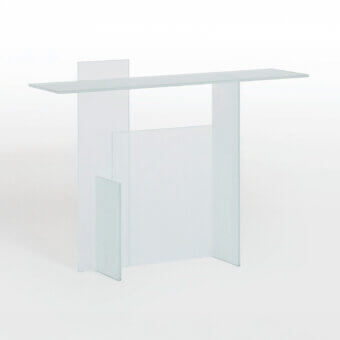 Exceptional Glas Italia Kazimir console crafted from 10mm tempered glass with double-sided acid-etched surfaces and pale frosted finish