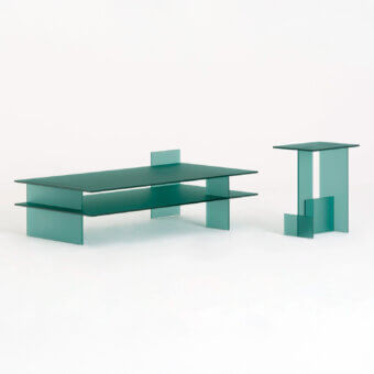 Distinguished Glas Italia Kazimir side and coffee table set in tempered glass with a seafoam green finish embodies minimalist Italian craftsmanship