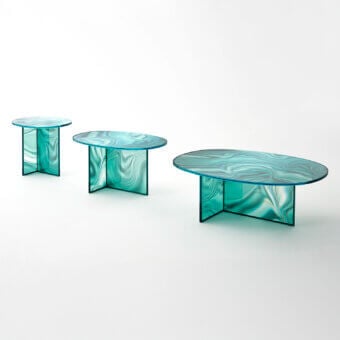 Distinguished Glas Italia Liquefy coffee table crafted in teal and blue tempered extralight glass with a glossy sheen