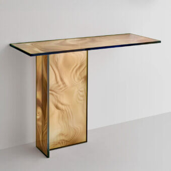 Exceptional Glas Italia Liquefy console crafted in amber and gold marbled tempered extralight glass with glossy finish