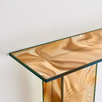 Luxury Glas Italia Liquefy console crafted in amber toned tempered extralight glass with veined decoration and glossy finish