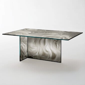 Distinguished Glas Italia Liquefy table crafted in tempered extralight glass with a dynamic gray and white marbled glossy finish