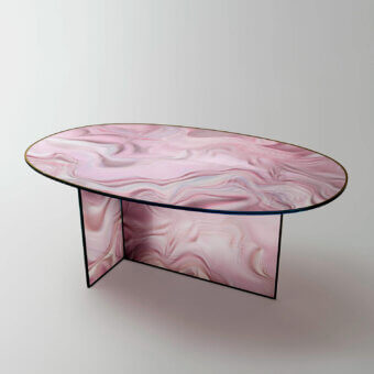 Elegant Glas Italia Liquefy table crafted in pink burgundy tempered extralight glass with glossy finish and anthracite grey frame