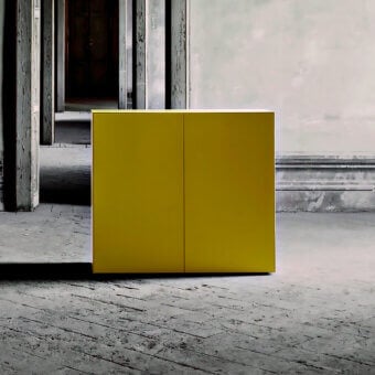 Superior Glas Italia Magic Box cupboard crafted in glossy yellow lacquered glass with charcoal laminated wood shelving