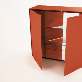 Exclusive Glas Italia Magic Box cupboard in terracotta-orange lacquered glass with charcoal wood and clear glass shelving