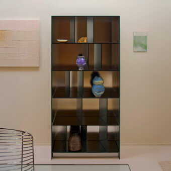 Distinguished Glas Italia Obliquo cupboard with deep brown tinted laminated glass and dark matte metal framework crafted with a polished edge