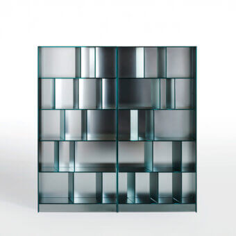 Superior Glas Italia Obliquo cupboard built with tinted laminated glass and teal metal framework, exhibiting a polished finish