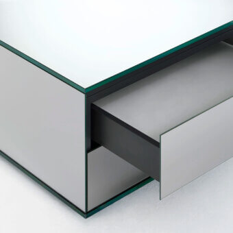 Elegant Glas Italia Ollie coffee table crafted with dark green frame and selectively mirrored extra-clear tempered glass