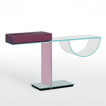 Exceptional Glas Italia Ollie console with pale blue laminated glass, gradient pink-magenta stand and burgundy lacquered drawer