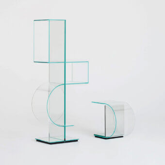 Superior Glas Italia Ollie side table with pale teal extralight glass and mirrored base crafted in Italy