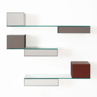 Superior Glas Italia Ollie wall unit with laminated mirror shelving and glossy lacquered glass drawers in brown and gray tones