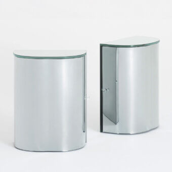 Exceptional Glas Italia Oltralpe nightstand crafted in laminated mirrored glass with silvery-gray finish and cylindrical handle