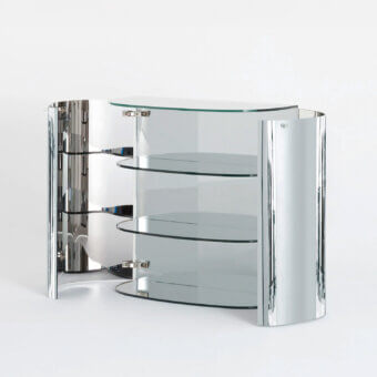 Elegant Glas Italia Oltralpe sideboard crafted with laminated and tempered mirrored glass exhibiting a polished silver finish