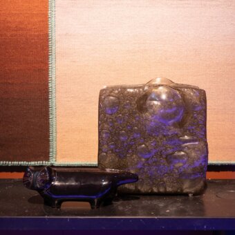 Superior Glas Italia Opalia vases crafted from fused glass with richly textured surfaces in deep purple and grey hues
