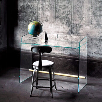 Distinguished Glas Italia Pirandello desk crafted from transparent tempered extralight glass with natural ash footrest and glossy finish