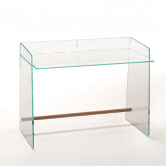 Luxury Glas Italia Pirandello desk crafted from transparent pale green tempered glass with a glossy finish and natural ash footrest