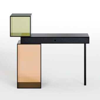 Distinguished Glas Italia Ratio desk built with cantilevered smoked glass and solid black-stained ash, showcasing sleek aluminum connections