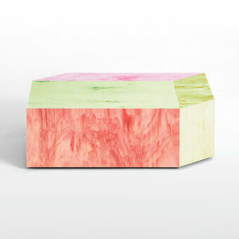 Superior Glas Italia Remis coffee table clad in a mosaic of cast glass tiles with pink, green, and pale yellow color blocking and glossy finish